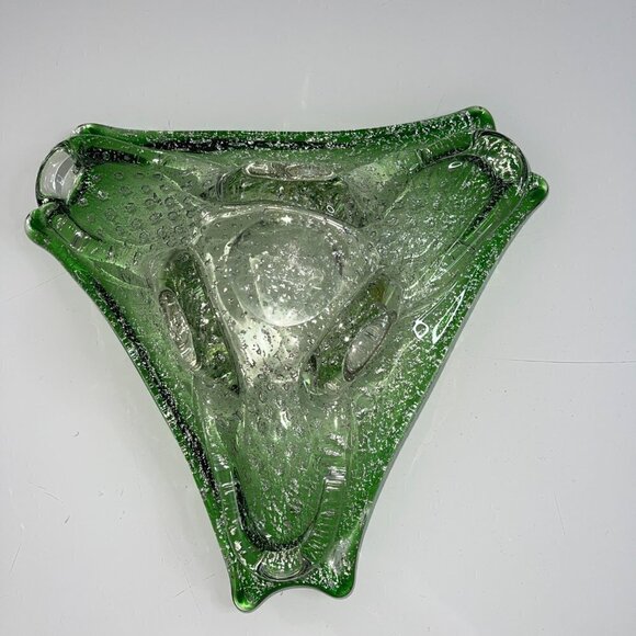 Murano Art Glass Bowl Green Gold Flecks Controlled Bubbles Bullicante MCM - Picture 13 of 15